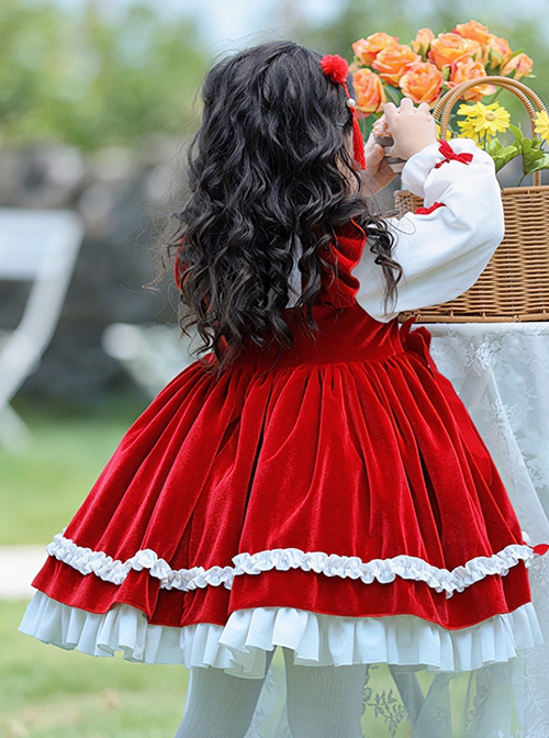 Chinese Style Stand-Up Collar Red Velvet Fake Two-Piece Stitching Lantern Sleeve Autumn Winter Classic Lolita Kids Long-Sleeved Dress