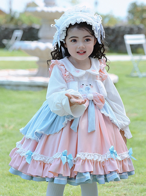 Solid Color Doll Collar Embroidered Lace Bow-Knot Decorate Velvet Sweet Lolita Kids Long Sleeve Dress