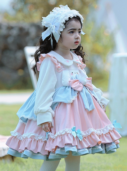 Solid Color Doll Collar Embroidered Lace Bow-Knot Decorate Velvet Sweet Lolita Kids Long Sleeve Dress