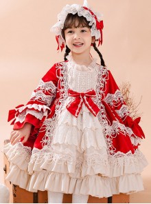 Red Autumn Winter Lace Bow-Knot Multi-Layer Hem Design Classic Lolita Kids Long Sleeve Dress