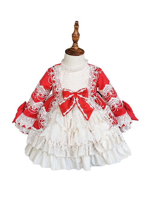 Red Autumn Winter Lace Bow-Knot Multi-Layer Hem Design Classic Lolita Kids Long Sleeve Dress