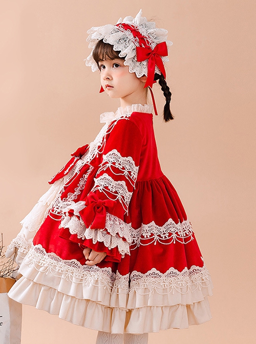 Red Autumn Winter Lace Bow-Knot Multi-Layer Hem Design Classic Lolita Kids Long Sleeve Dress