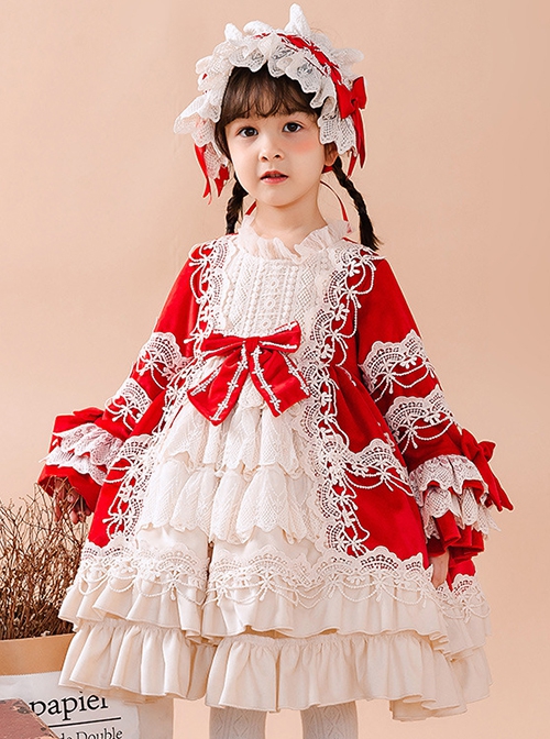 Red Autumn Winter Lace Bow-Knot Multi-Layer Hem Design Classic Lolita Kids Long Sleeve Dress