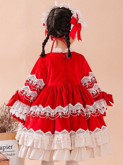 Red Autumn Winter Lace Bow-Knot Multi-Layer Hem Design Classic Lolita Kids Long Sleeve Dress