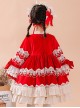 Red Autumn Winter Lace Bow-Knot Multi-Layer Hem Design Classic Lolita Kids Long Sleeve Dress