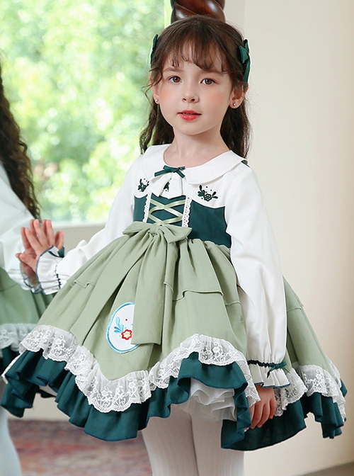 Flower Embroidery Fresh Green Lace Hem Classic Lolita Kids Long Sleeve Dress