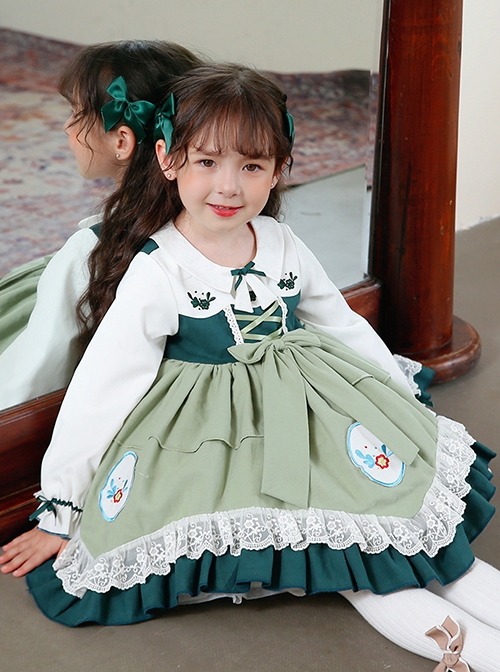 Flower Embroidery Fresh Green Lace Hem Classic Lolita Kids Long Sleeve Dress