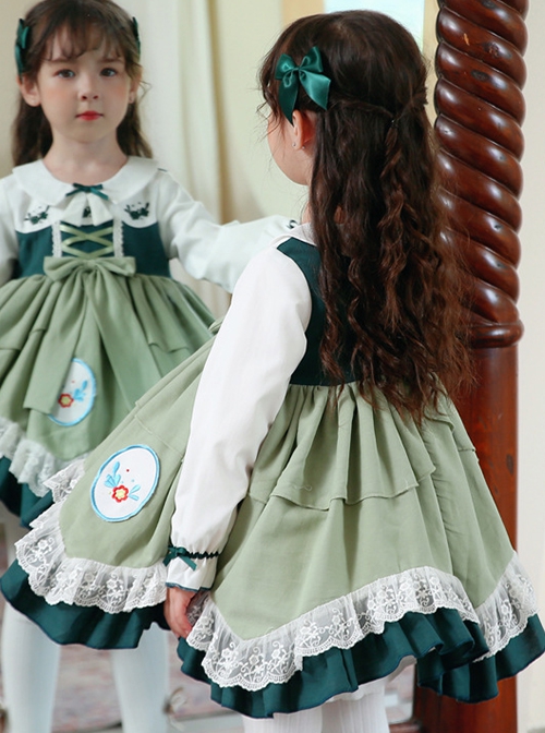 Flower Embroidery Fresh Green Lace Hem Classic Lolita Kids Long Sleeve Dress