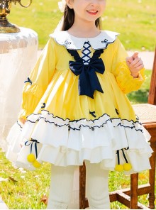 Cute Doll Collar Bowknot Hem Fur Ball Frenulum Stitching Lantern Sleeves Classic Lolita Kids Long-Sleeved Dress