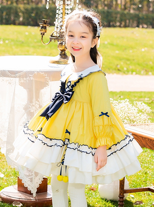 Cute Doll Collar Bowknot Hem Fur Ball Frenulum Stitching Lantern Sleeves Classic Lolita Kids Long-Sleeved Dress