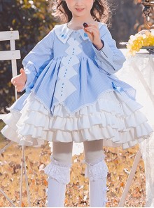 Blue Plaid Lace Multilayer Ruffle Hem Simple Design Classic Lolita Kids Long Sleeve Dress