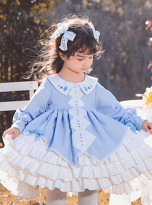 Blue Plaid Lace Multilayer Ruffle Hem Simple Design Classic Lolita Kids Long Sleeve Dress