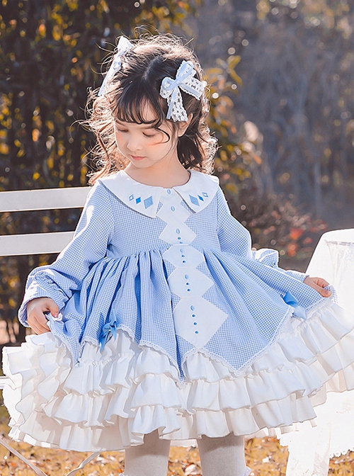 Blue Plaid Lace Multilayer Ruffle Hem Simple Design Classic Lolita Kids Long Sleeve Dress