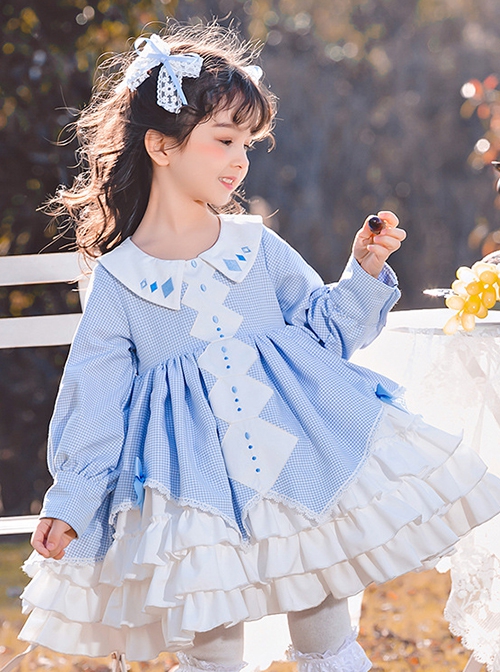 Blue Plaid Lace Multilayer Ruffle Hem Simple Design Classic Lolita Kids Long Sleeve Dress