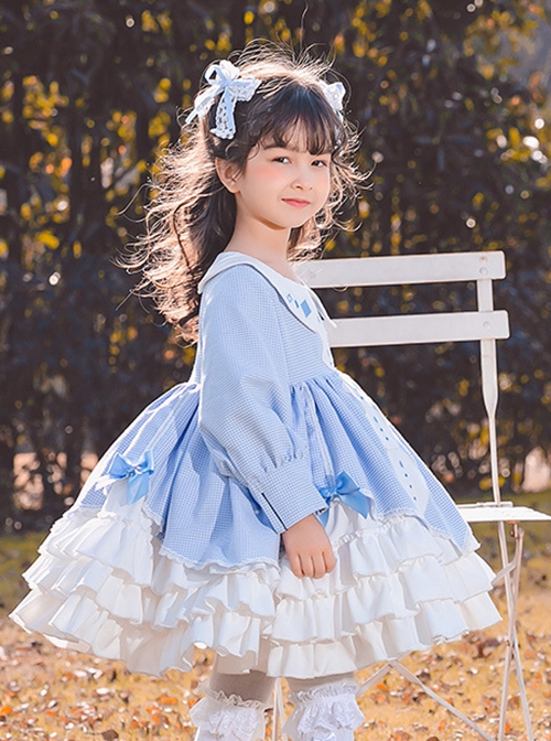 Blue Plaid Lace Multilayer Ruffle Hem Simple Design Classic Lolita Kids Long Sleeve Dress