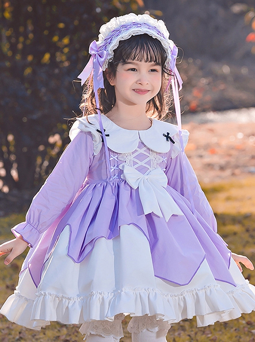 Petal Collar Bow-Knot Decoration Irregular Hem Design Bow-Knot Classic Lolita Kids Long Sleeve Dress