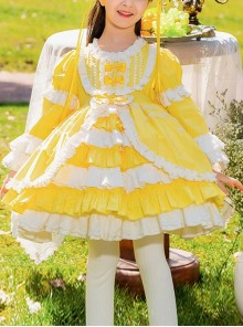 Retro Court Yellow Stitching Lace Multi-Layered Hem Design Bowknot Decoration Classic Lolita Kids Long-Sleeved Dress