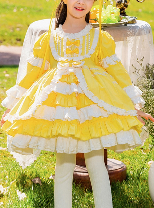 Retro Court Yellow Stitching Lace Multi-Layered Hem Design Bowknot Decoration Classic Lolita Kids Long-Sleeved Dress