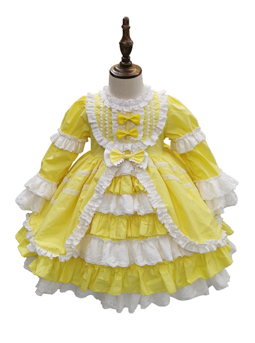 Retro Court Yellow Stitching Lace Multi-Layered Hem Design Bowknot Decoration Classic Lolita Kids Long-Sleeved Dress