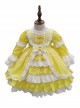 Retro Court Yellow Stitching Lace Multi-Layered Hem Design Bowknot Decoration Classic Lolita Kids Long-Sleeved Dress