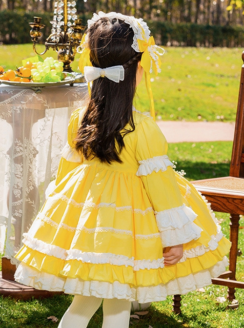 Retro Court Yellow Stitching Lace Multi-Layered Hem Design Bowknot Decoration Classic Lolita Kids Long-Sleeved Dress