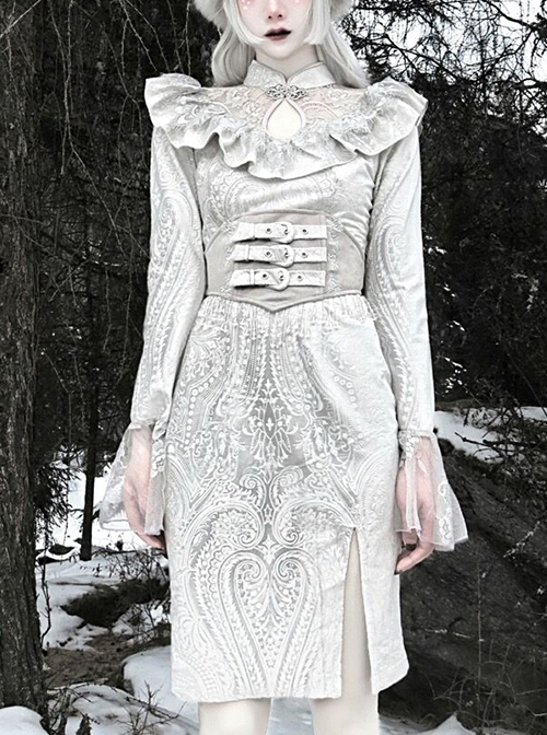 The Call Of Snow Country Series Gothic Stand-Up Collar Lace Ruffled Velvet Jacquard Modified Cheongsam Slit Dress