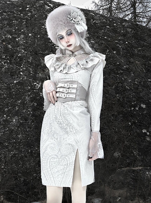 The Call Of Snow Country Series Gothic Stand-Up Collar Lace Ruffled Velvet Jacquard Modified Cheongsam Slit Dress