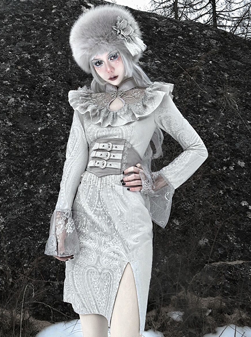 The Call Of Snow Country Series Gothic Stand-Up Collar Lace Ruffled Velvet Jacquard Modified Cheongsam Slit Dress