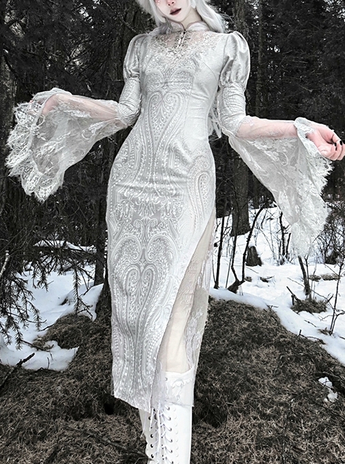 The Call Of Snow Country Series Gothic-Style Stand-Up Collar Lace Hollow Jacquard Improved Cheongsam Slit Fishtail Long-Sleeved Dress