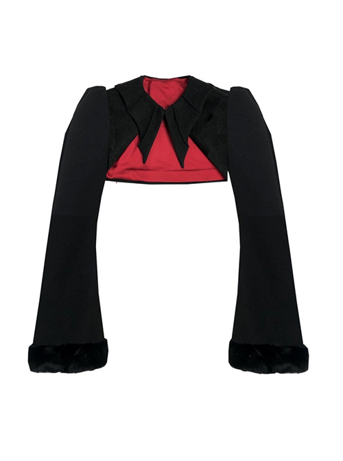 Fog Series Classic Gothic Bat Collar Fur Sleeve Design Halloween Long Sleeve Short Coat