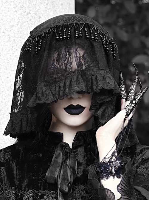 Fog Series Classical Gothic Jacquard Lace Tassel Lacing Halloween Veil