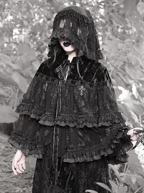 Fog Series Classical Gothic Jacquard Lace Tassel Lacing Halloween Veil