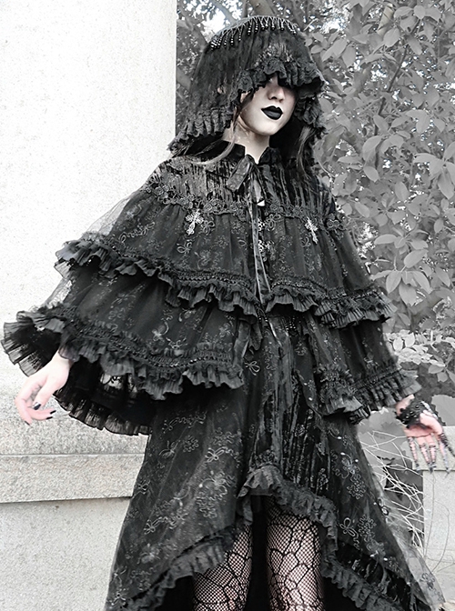 Fog Series Classical Gothic Jacquard Lace Tassel Lacing Halloween Veil