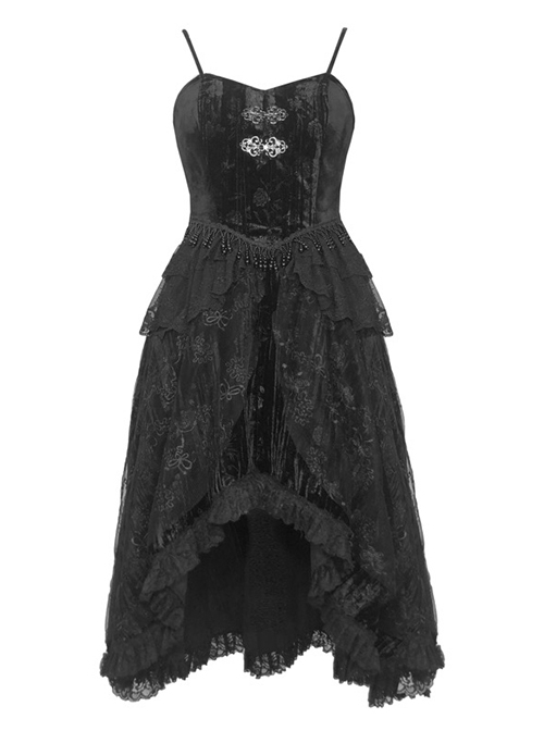 Fog Series Velvet Jacquard Tassel Decorated Lace Irregular Hem Design Classical Gothic Sleeveless Dress