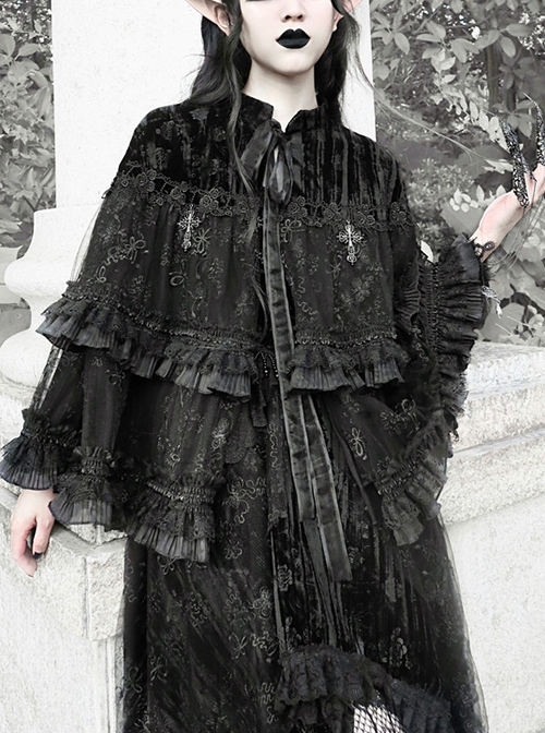 Fog Series Classical Gothic Stand-Up Collar Velvet Jacquard Embroidery Lace Cross Metal Decoration Lacing Cloak