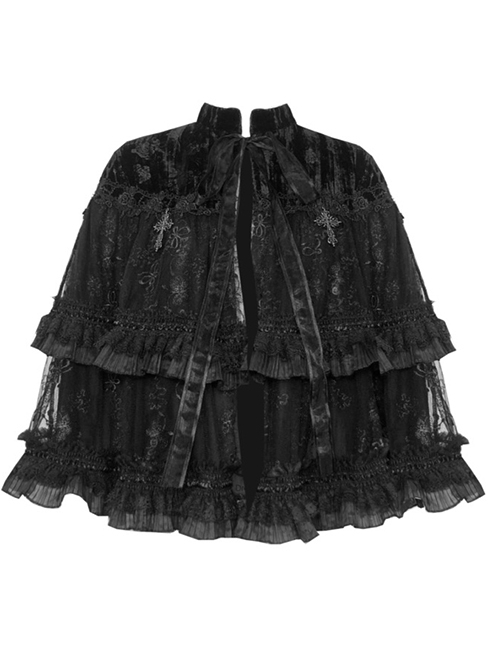 Fog Series Classical Gothic Stand-Up Collar Velvet Jacquard Embroidery Lace Cross Metal Decoration Lacing Cloak