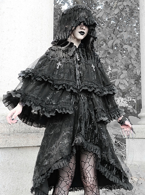 Fog Series Classical Gothic Stand-Up Collar Velvet Jacquard Embroidery Lace Cross Metal Decoration Lacing Cloak