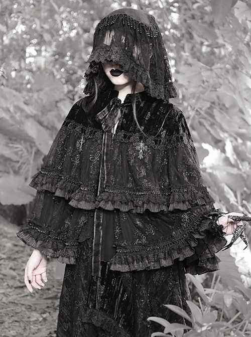 Fog Series Classical Gothic Stand-Up Collar Velvet Jacquard Embroidery Lace Cross Metal Decoration Lacing Cloak