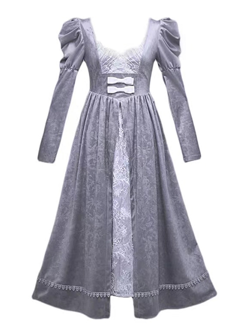 Swan Falling Dream Series Gray Purple Embroidered Swan Wings On The Chest Overlap White Velvet Bow Decoration Lace Gothic Long-Sleeved Dress