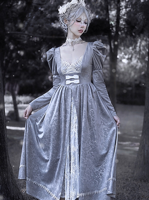 Swan Falling Dream Series Gray Purple Embroidered Swan Wings On The Chest Overlap White Velvet Bow Decoration Lace Gothic Long-Sleeved Dress