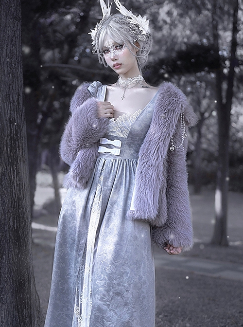 Swan Falling Dream Series Gray Purple Embroidered Swan Wings On The Chest Overlap White Velvet Bow Decoration Lace Gothic Long-Sleeved Dress