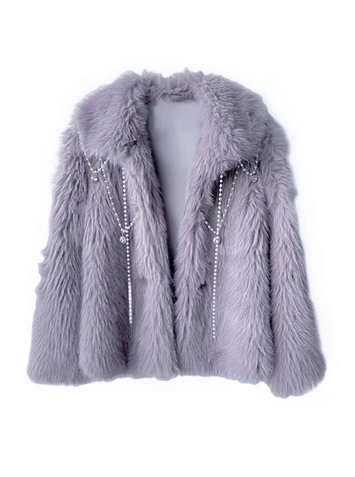 Swan Falling Dream Series Grey Purple Eco-Friendly Fur Bead Chain Rhinestone Decoration Imitation Fox Fur Winter Warm Gothic Coat