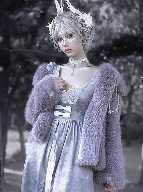 Swan Falling Dream Series Grey Purple Eco-Friendly Fur Bead Chain Rhinestone Decoration Imitation Fox Fur Winter Warm Gothic Coat