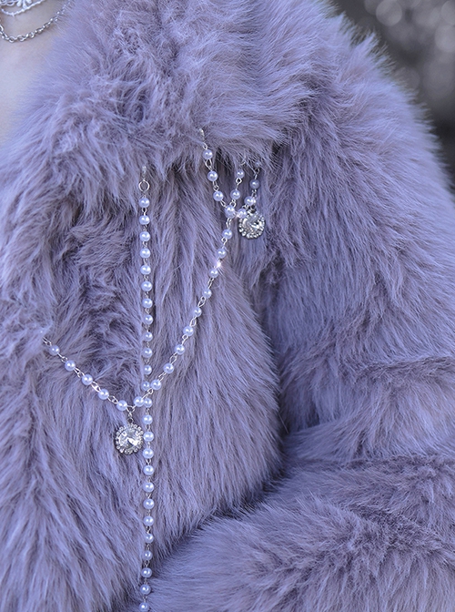 Swan Falling Dream Series Grey Purple Eco-Friendly Fur Bead Chain Rhinestone Decoration Imitation Fox Fur Winter Warm Gothic Coat