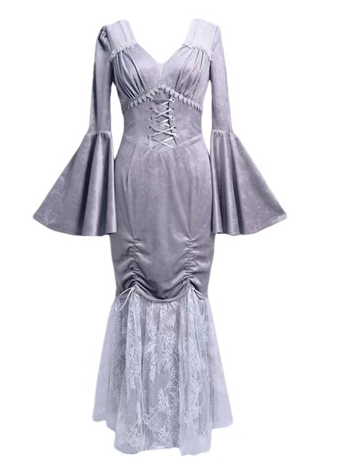 Swan Falling Dream Series Gray Purple V-Neck Sexy Jacquard Fishtail Lace Hem Design Trumpet Sleeve Slim Gothic Long-Sleeved Dress