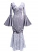 Swan Falling Dream Series Gray Purple V-Neck Sexy Jacquard Fishtail Lace Hem Design Trumpet Sleeve Slim Gothic Long-Sleeved Dress