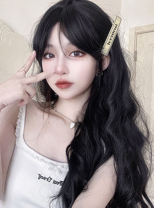 Natural Black Internet Celebrity Daily Middle Parted Bangs Long Curly Hair Classic Lolita Wig