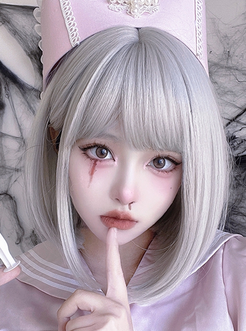 Daily Natural Qi Bangs Fashion Silver Short Straight Hair Classic Lolita Wig