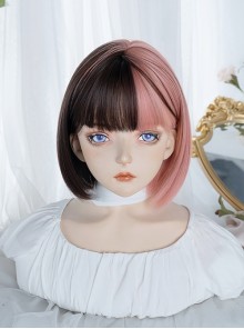 Cyberpunk Style Black Brown Coral Powder Double Fight Short Straight Hair Qi Bangs Classic Lolita Wig