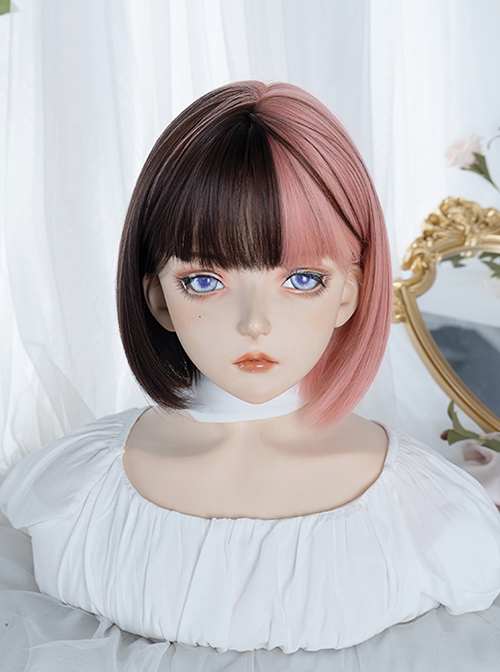 Cyberpunk Style Black Brown Coral Powder Double Fight Short Straight Hair Qi Bangs Classic Lolita Wig